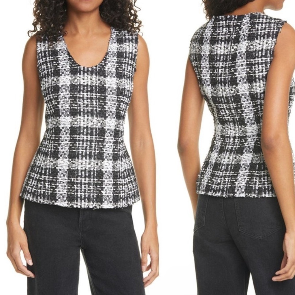 Theory Sculpted Tweed Black Cream White Sleeveless Lined Zip Closure Blouse S - Picture 2 of 8